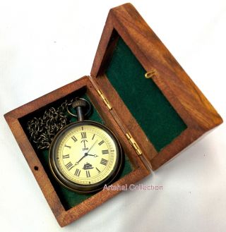 Ship Design Pocket Watch With Chain And Wooden Box photo