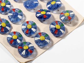 Card (21) 18mm Vtg Deco Czech Hand Paint Blue Crystal Daisy Flower Glass Buttons photo