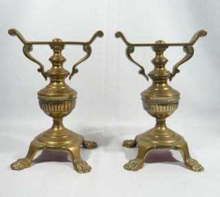 Antique Pair Lion Paw 4 Footed Solid Brass Fireplace Tool Rests Fire Dogs photo
