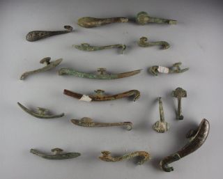 16 Antique Chinese Ming Dynasty Archaic Bronze Silver Inlay Belt Hooks & Fitting photo