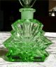 Vtg Czechoslovakian Green Cut Glass Perfume Bottle W/ Angular Cuts Art Deco Perfume Bottles photo 2