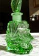 Vtg Czechoslovakian Green Cut Glass Perfume Bottle W/ Angular Cuts Art Deco Perfume Bottles photo 3