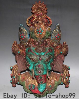 Tibetan Buddhism Turquoise & Coral Elephant Mammon God Wealth Mask Buddha Statue photo