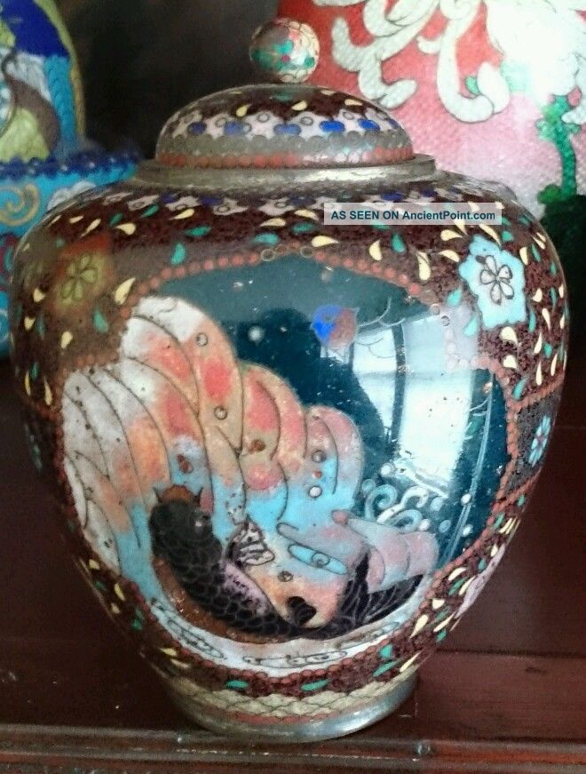 Early Goldstone Cloisonne Jar W/ Koi And Pheonix Meiji Vases photo