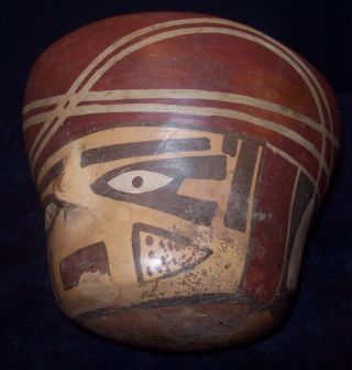Ancient Pre - Coloumbian Peru Nazca Culture Terracotta Polychrome Face Kero Bowl photo
