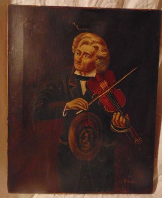 Antique Violinist Oil On Canvas Folk Art Painting Signed Brown York 1906 photo