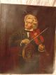 Antique Violinist Oil On Canvas Folk Art Painting Signed Brown York 1906 String photo 1