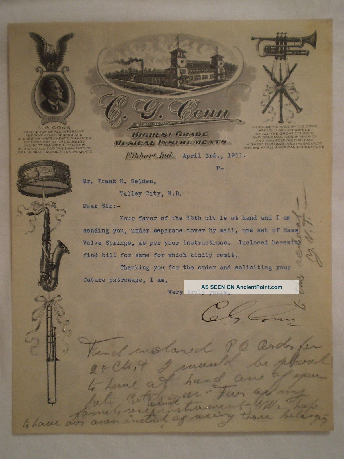Antique 1911 Handsigned C G Conn Signature Letterhead Musical Instrument Graphic Other photo