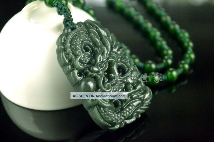 Natural Green Hand - Carved Chinese Hetian Jade Pendant - Dragon - Necklace Necklaces & Pendants photo