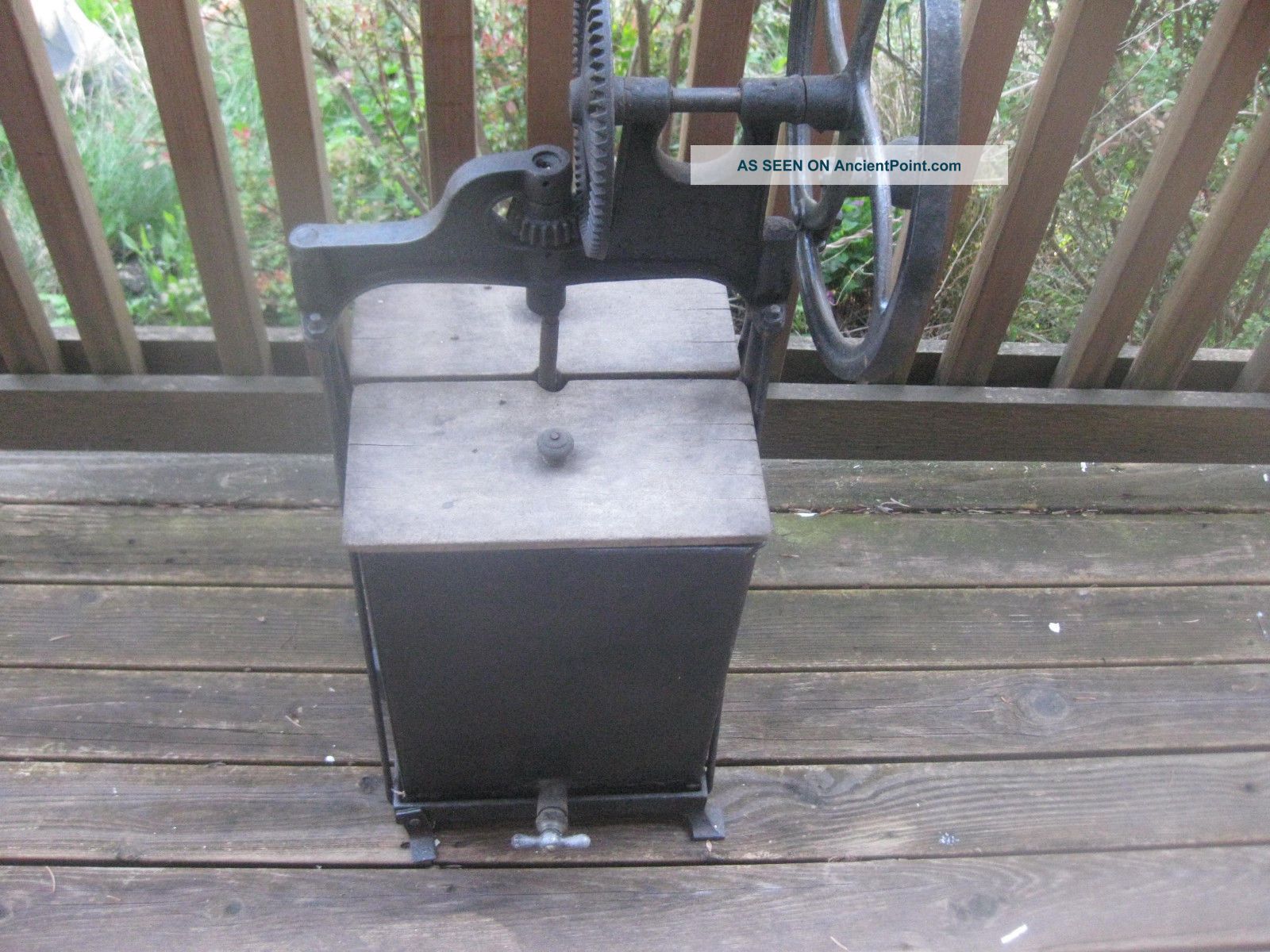 Antique Dazey Butter Churn Metal Canister Cast Iron Frame Wooden Paddle Primitives photo