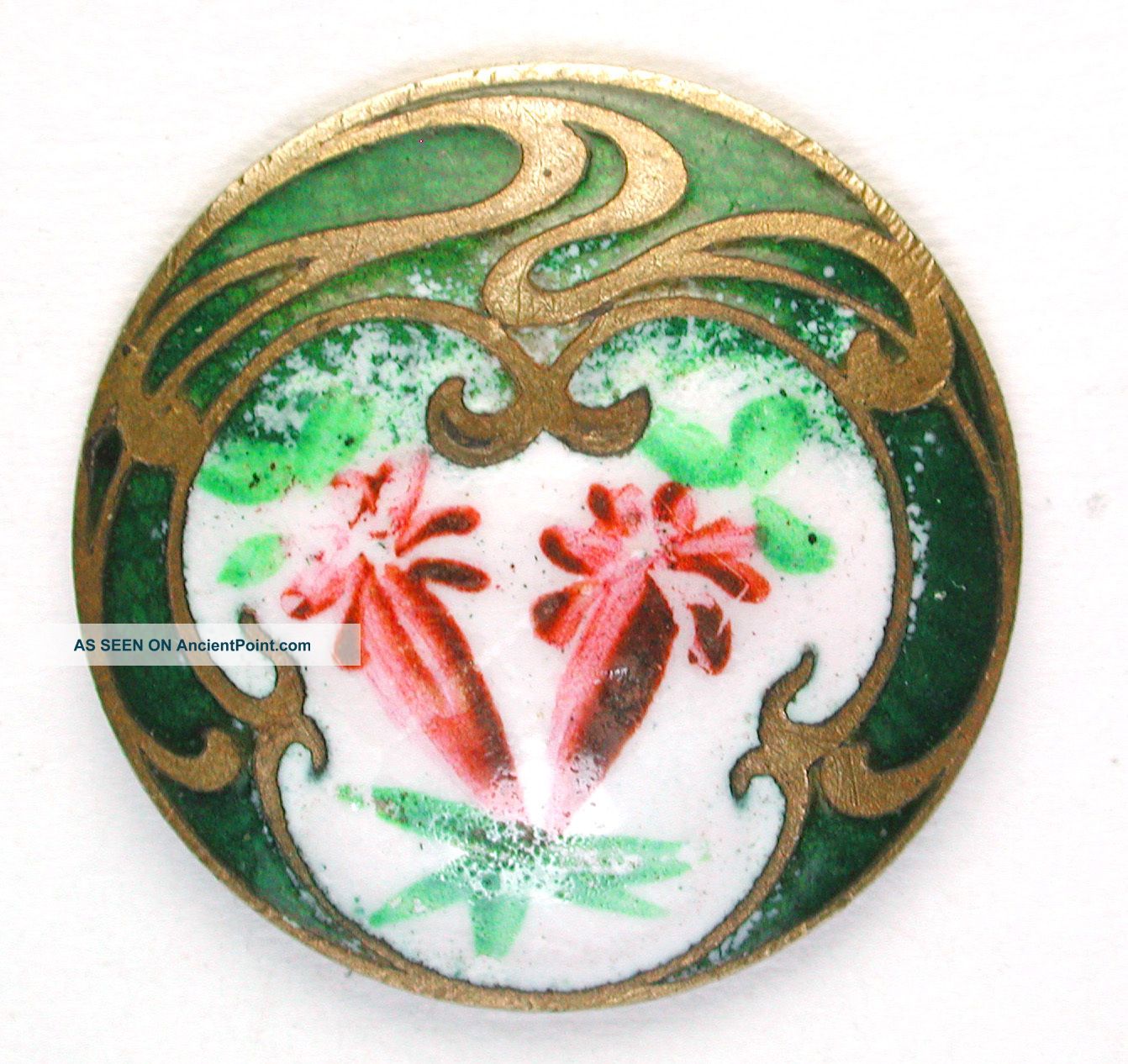Antique French Enamel Button Green Art Nouveau Floral W/ Hand Painted Flowers Buttons photo