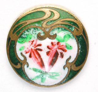 Antique French Enamel Button Green Art Nouveau Floral W/ Hand Painted Flowers photo