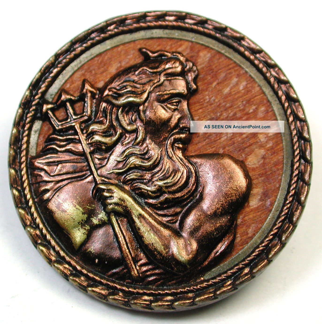 Antique Woodback & Brass Button Neptune W/ Trident Design Buttons photo
