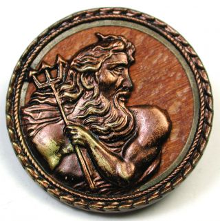 Antique Woodback & Brass Button Neptune W/ Trident Design photo