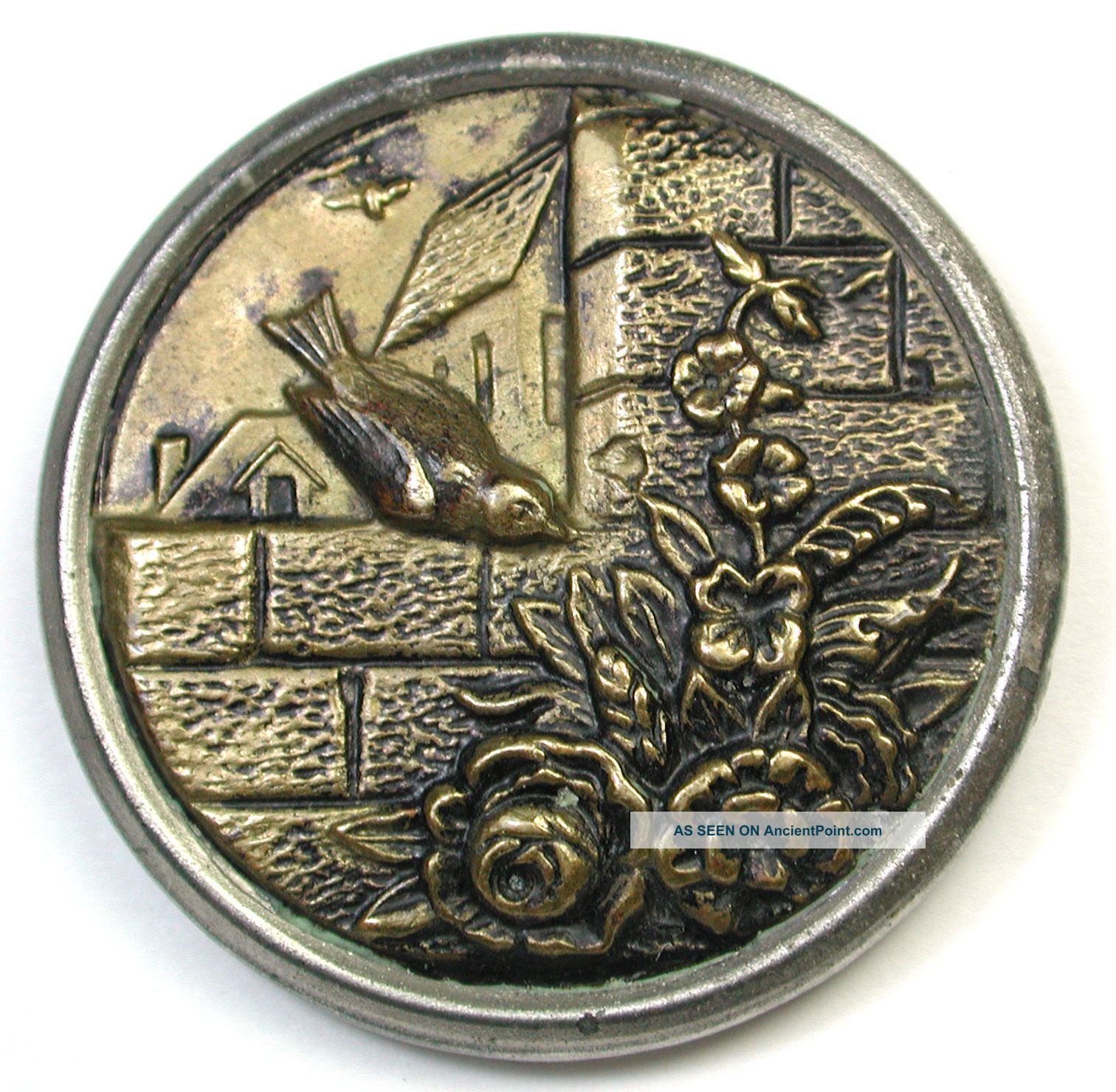 Lg Sz Antique Brass Button Bird On Wall Near Flowers Design Buttons photo