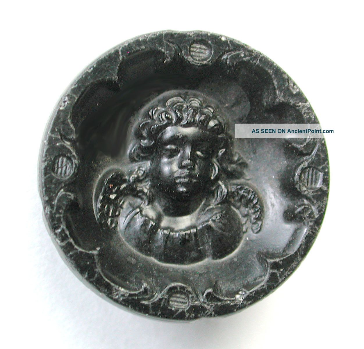 Antique Black Glass Button W/ Cherub Design Buttons photo