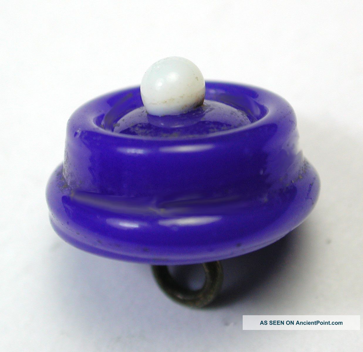 Antique Charmstring Button Cobalt Blue W/ White Ball On Top Swirl Back Buttons photo