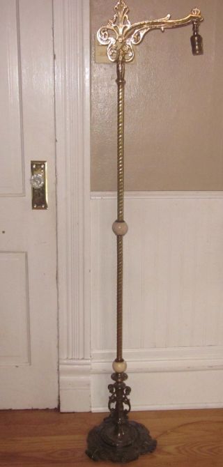 Xlnt Antique Victorian Polished Brass Bridge Arm Floor Lamp Onyx Spacers photo
