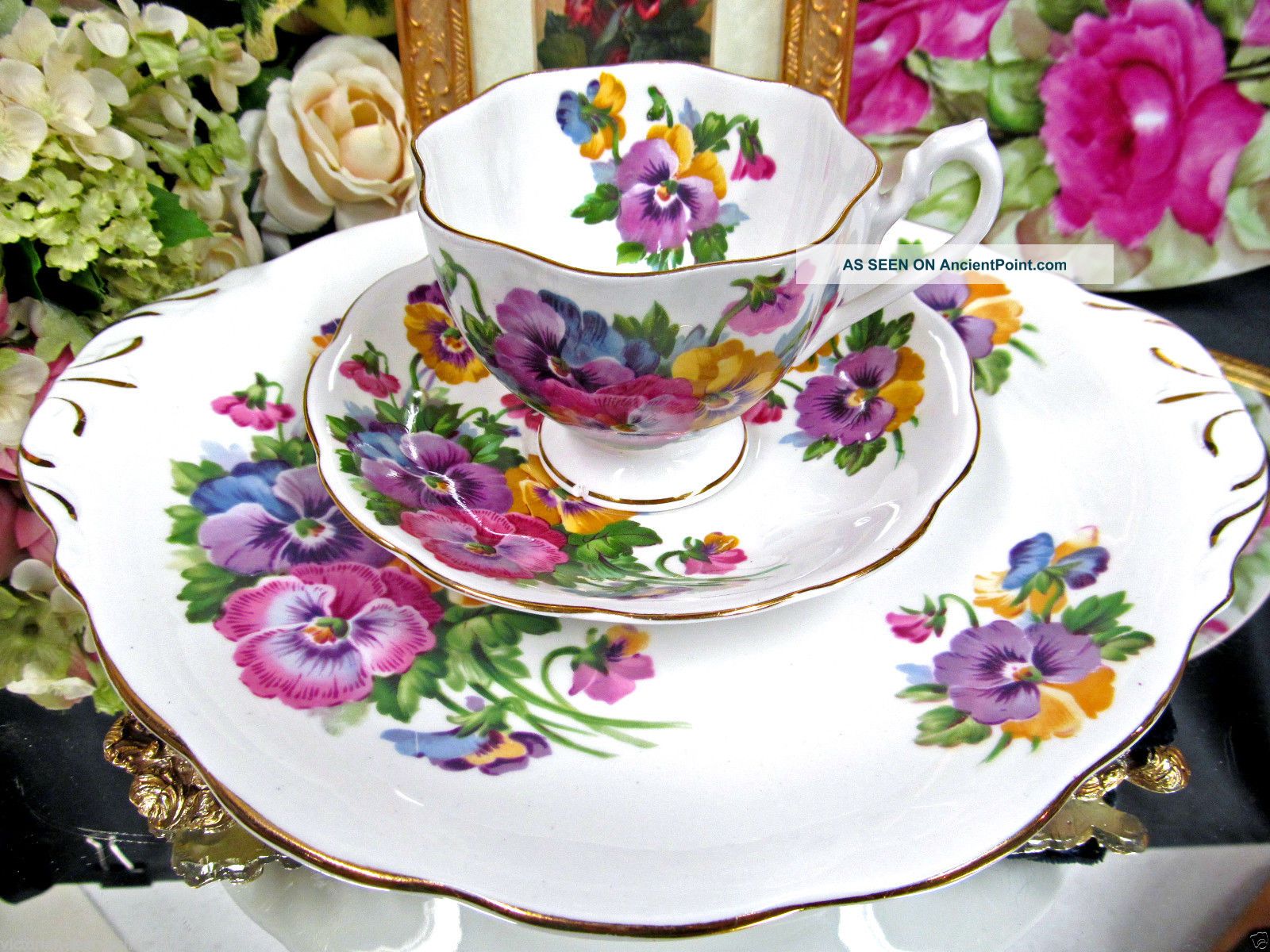 Queen Anne Tea Cup And Saucer & Cake Plate Spring Melody Pansy Teacup Cups & Saucers photo