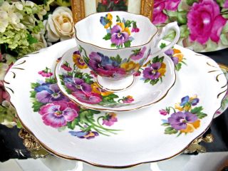 Queen Anne Tea Cup And Saucer & Cake Plate Spring Melody Pansy Teacup photo
