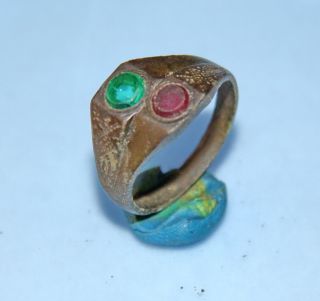 Old Antique Medieval Bronze Finger Ring With Green And Red Colored Glass (ap26) photo