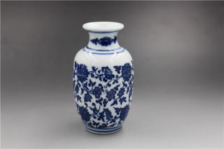 Rare Blue & White Hand - Painted Longevity Vine Vase W Qing Dynasty Qianlong Mark photo