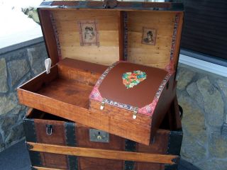 Antique Vintage Steamer Trunk Chest Dome Top Leather Trunk With Tray photo