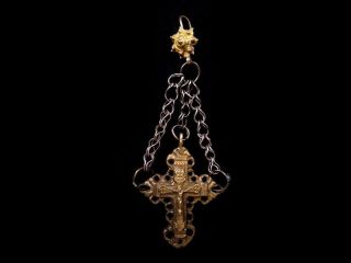 Magnificent Antique 1800s.  Gilt Silver Jewelry Cross Pendant W/ Chains, photo