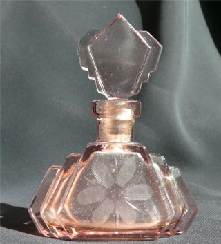 Pretty Pink Vintage Czechoslovakian Cut Glass Perfume Bottle Etched Daisy photo