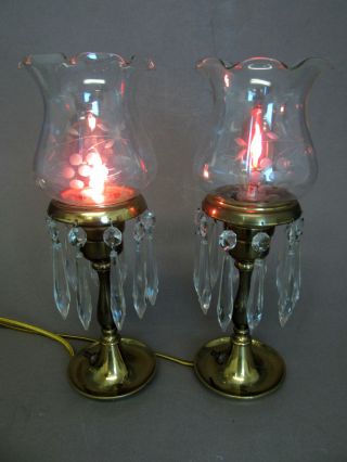 Pair Vintage 1930s Etched Shade Luster Boudoir Table Lamp Crystal Prisms - Norsv photo