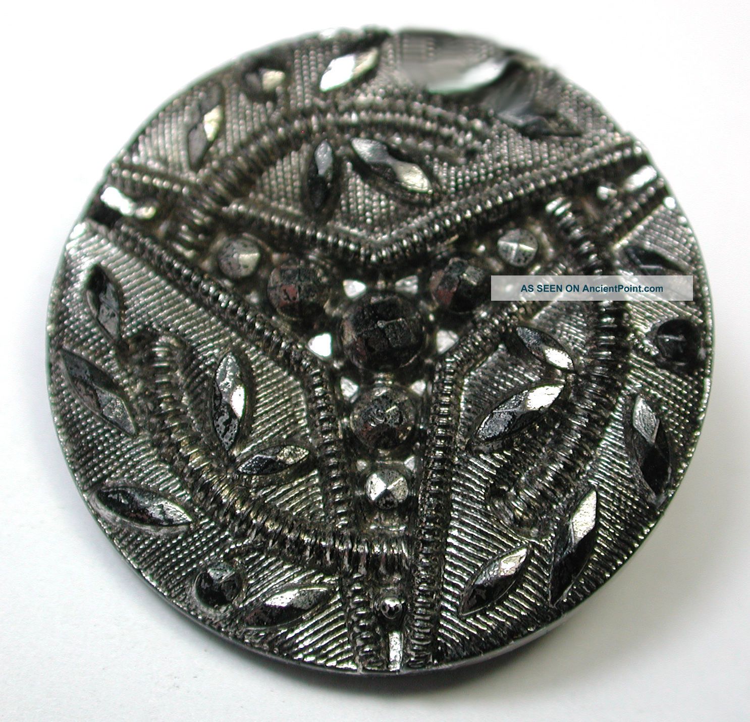 Med Sz Antique Black Glass Button W Silver Luster Fancy Triad Design Buttons photo