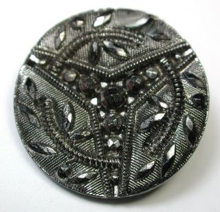 Med Sz Antique Black Glass Button W Silver Luster Fancy Triad Design photo