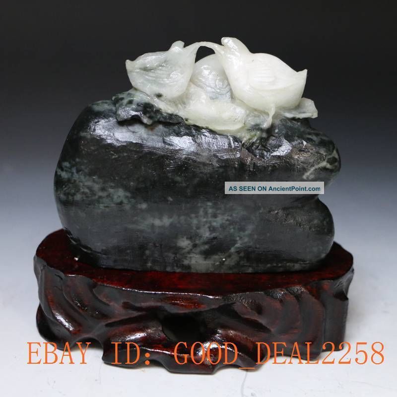 100 Natural Dushan Jade Hand - Carved Two Chicks Statue Other photo