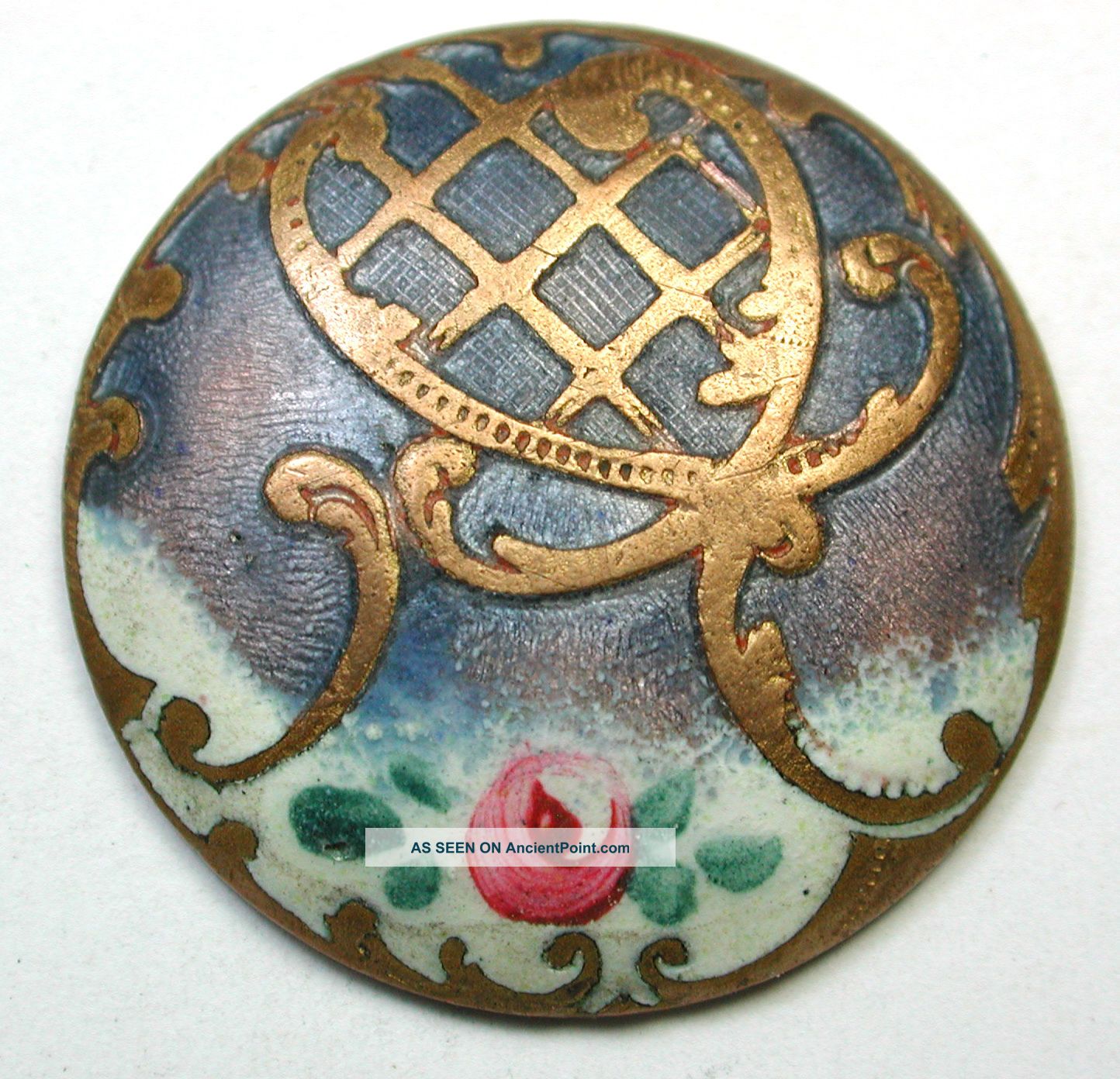 Antique Matte Enamel Button W/ Hand Painted Flower & Cross Hatch Design 1 & 1/16 Buttons photo