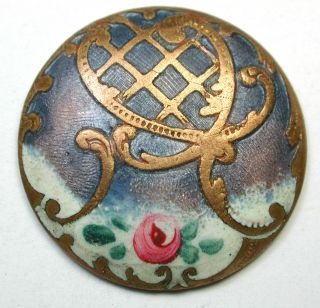 Antique Matte Enamel Button W/ Hand Painted Flower & Cross Hatch Design 1 & 1/16 photo