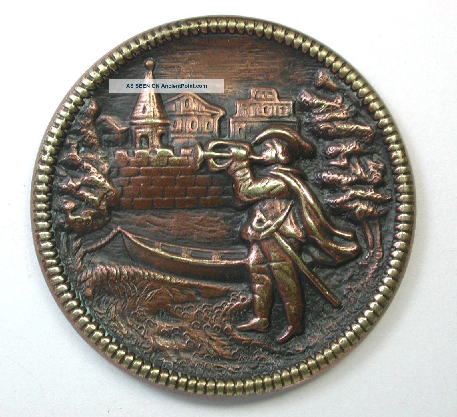 Antique Brass & Copper Button Stamped One Piece Construction Man & Trumpet Buttons photo