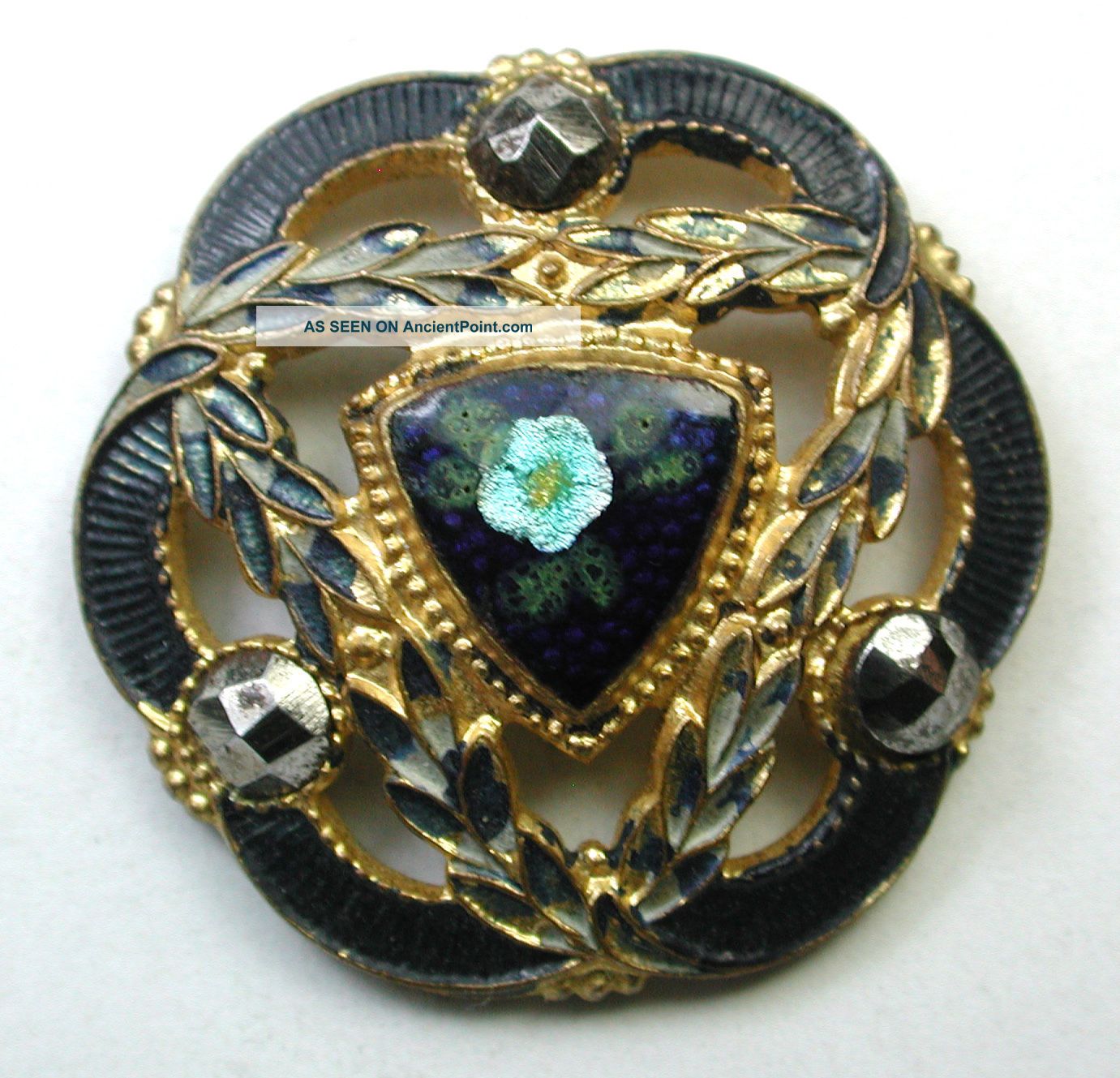 Antique Button Stamped & Pierced Brass W/ Enamel Center W Foil Flower Under Buttons photo