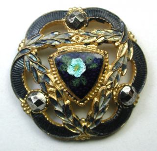 Antique Button Stamped & Pierced Brass W/ Enamel Center W Foil Flower Under photo