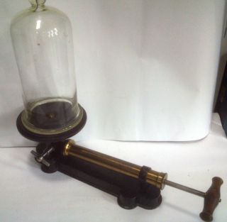 French 19c Mahogany & Brass Vacuum Pump W/ Glass Bell Jar Sphere Test photo