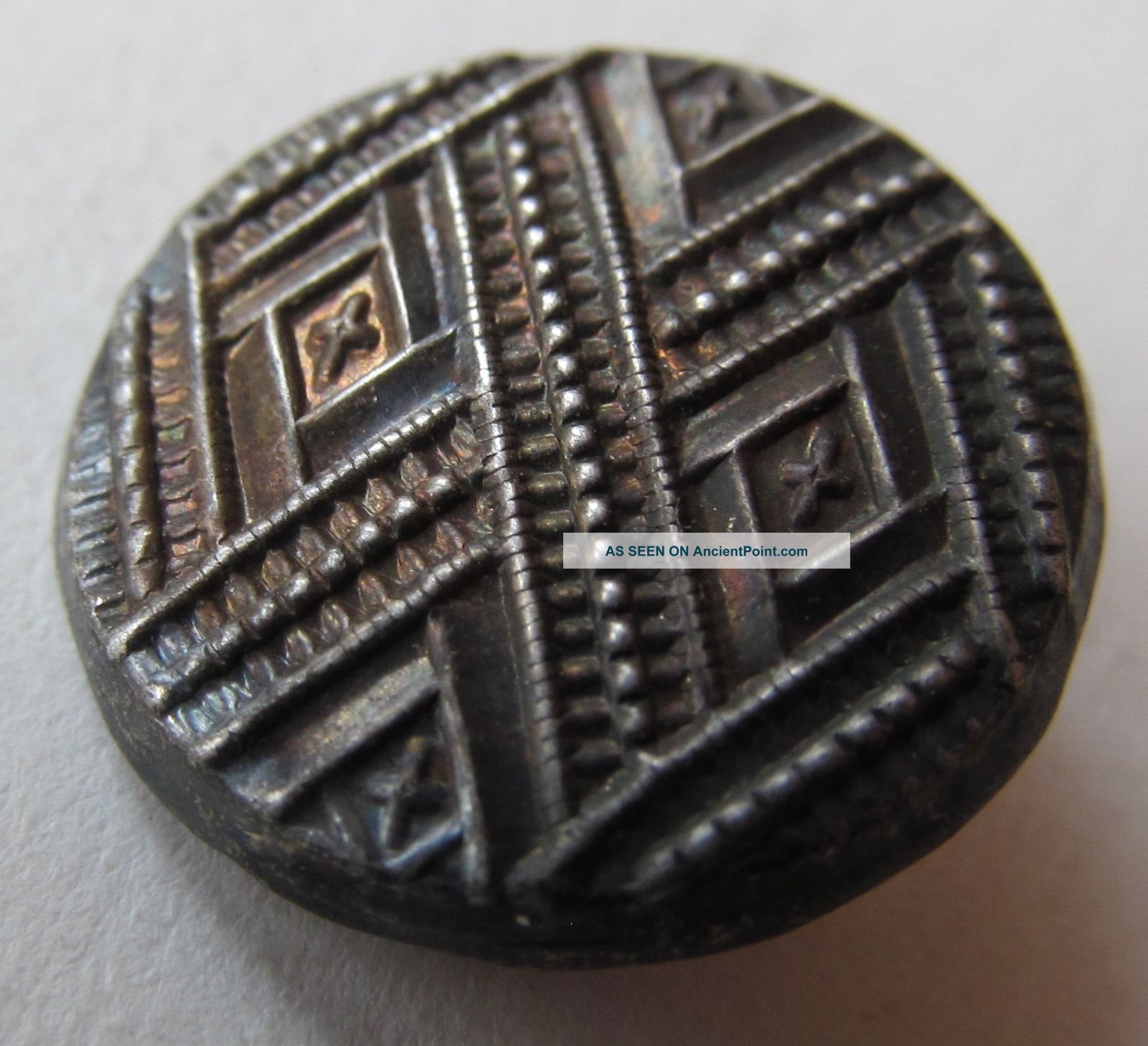 18th Century,  Repoussé,  Wood Back Tin Button With Catgut Shank,  Diamond Design Buttons photo