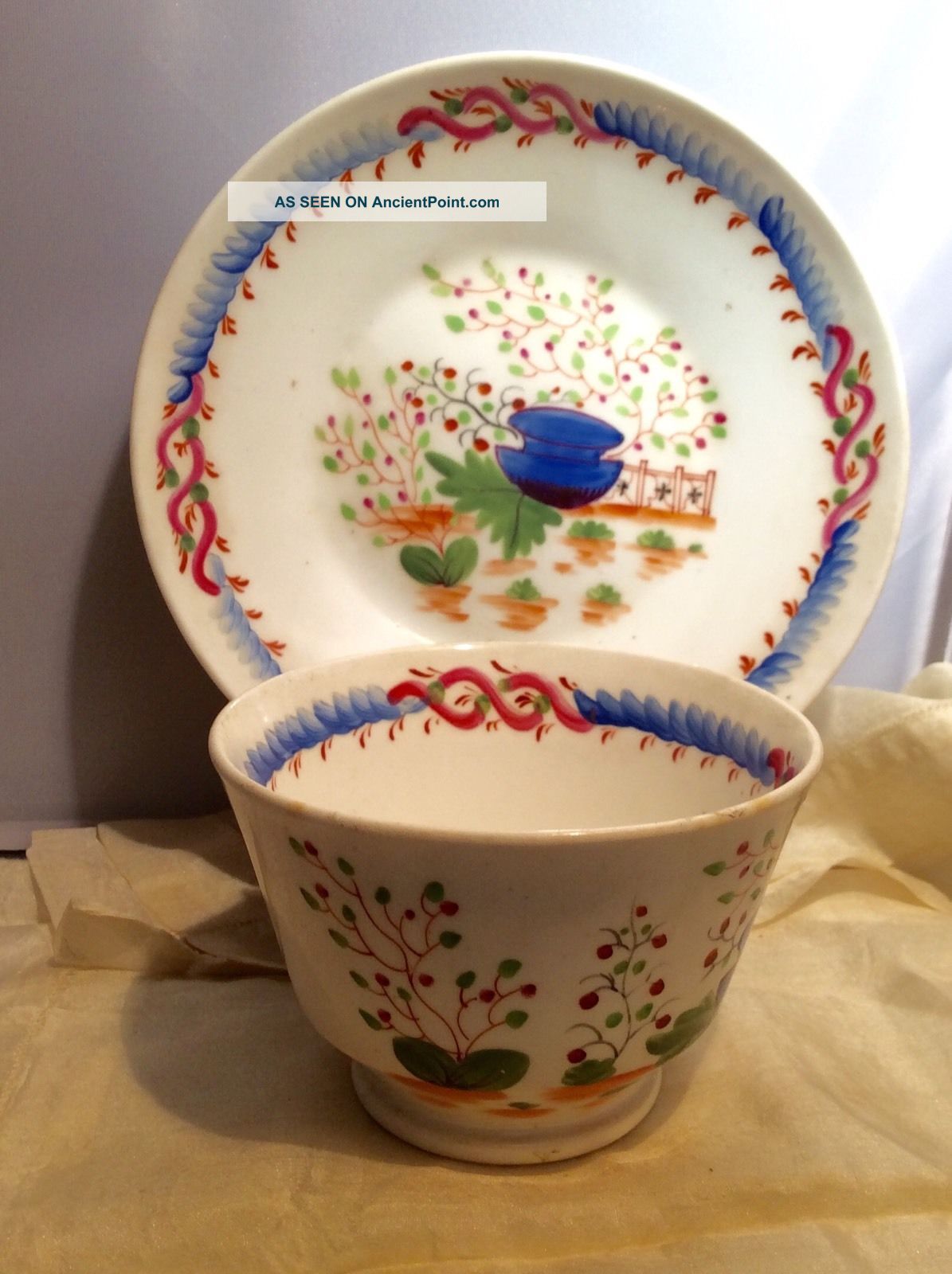 Antique English Pearlware Pottery Handless Tea Cup & Saucer Garden Scene C1820 Cups & Saucers photo