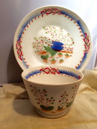 Antique English Pearlware Pottery Handless Tea Cup & Saucer Garden Scene C1820 photo
