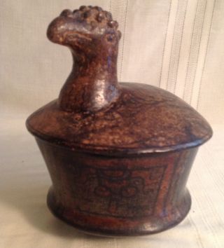 Pre Columbian Pottery? Bowl & Bird Motif Tripod Lid. photo