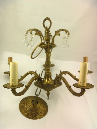 Vintage Petite Brass & Crystal Chandelier 5 Arm Ornate Ceiling Fixture Spain photo