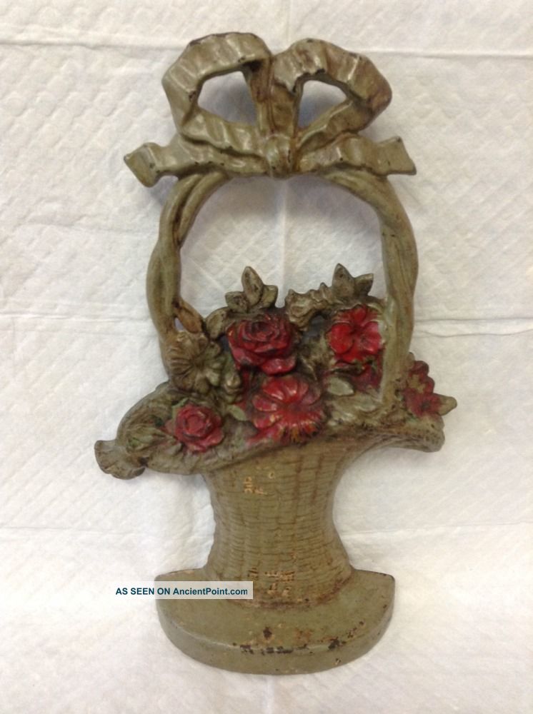 Antique Tall French Wicker Basket Flowers Cast Iron Doorstop Old Paint Metalware photo