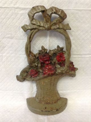 Antique Tall French Wicker Basket Flowers Cast Iron Doorstop Old Paint photo