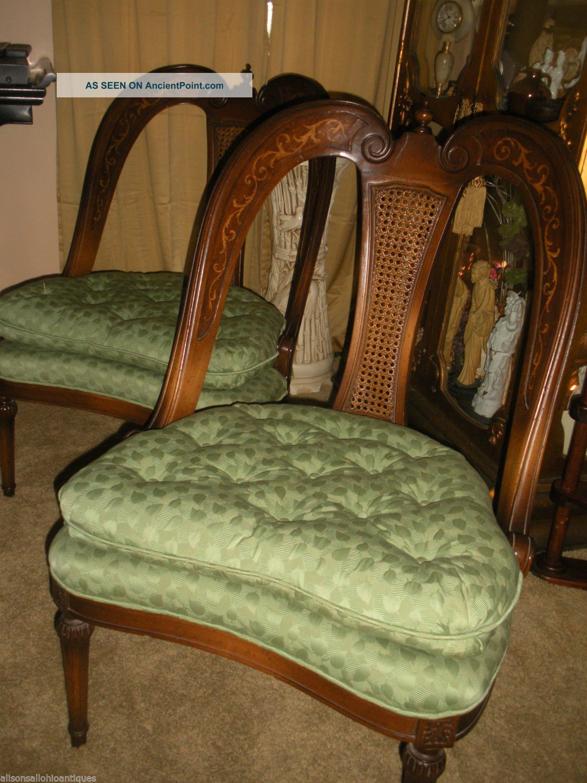Antique French Chairs Cane Back Inlaid Walnut Pair Heart 1900-1950 photo
