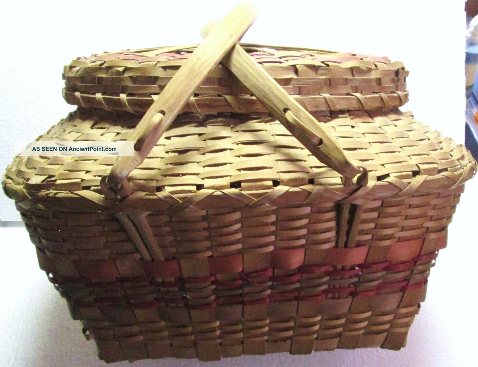 Native American Woodland Indian Old Split Wood Covered & Handled Basket Native American photo
