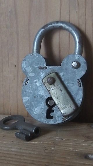French Vintage Small Galvanised Metal Padlock & Key photo