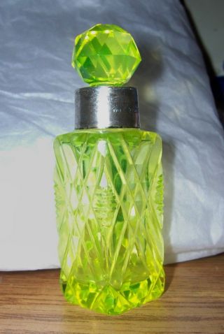 Art Nouveau Vaseline Glass Sterling Silver Rimmed Perfume Bottle T.  Hall C.  1904 photo